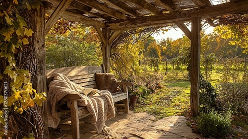 Autumnal Serenity A Rustic Bench Under a Wooden Pergola