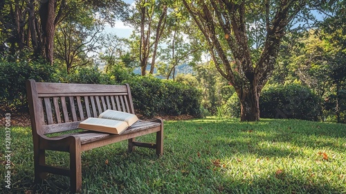 Serene Garden Bench with Open Book Peaceful Outdoor Reading Spot