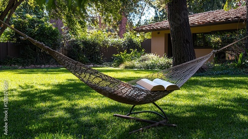 Serene Backyard Hammock Relaxation with Open Book