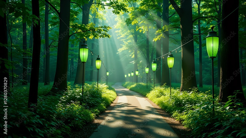 Obraz premium Green lanterns lining a sun-drenched forest road creating a magical scene