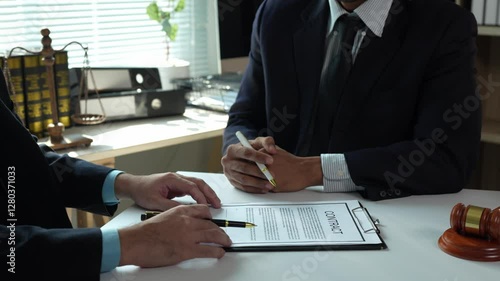 Professional businessmen wearing suits negotiating contract details, pointing at document, gavel and law books visible in background law office environment