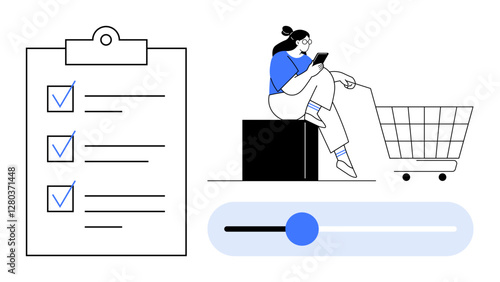 Clipboard checklist, person using a smartphone while sitting near a shopping cart, slider bar at the bottom. Ideal for efficiency, task management, online shopping, progress tracking, e-commerce