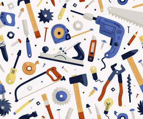 Seamless pattern with construction tools for home repairs on light background. Hammer, drill, screwdriver, hacksaw, chisel, light bulb. Vector illustration