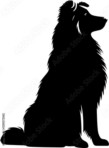 Silhouette of a sitting fluffy dog in profile on a transparent background