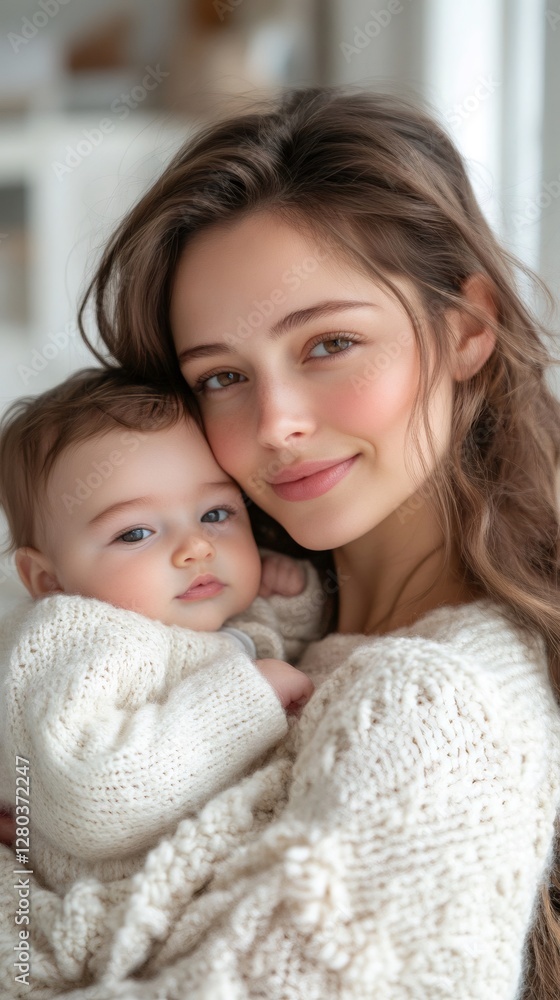 Loving mother embracing her baby in cozy knitwear Loving mother embracing her baby in cozy knitwear