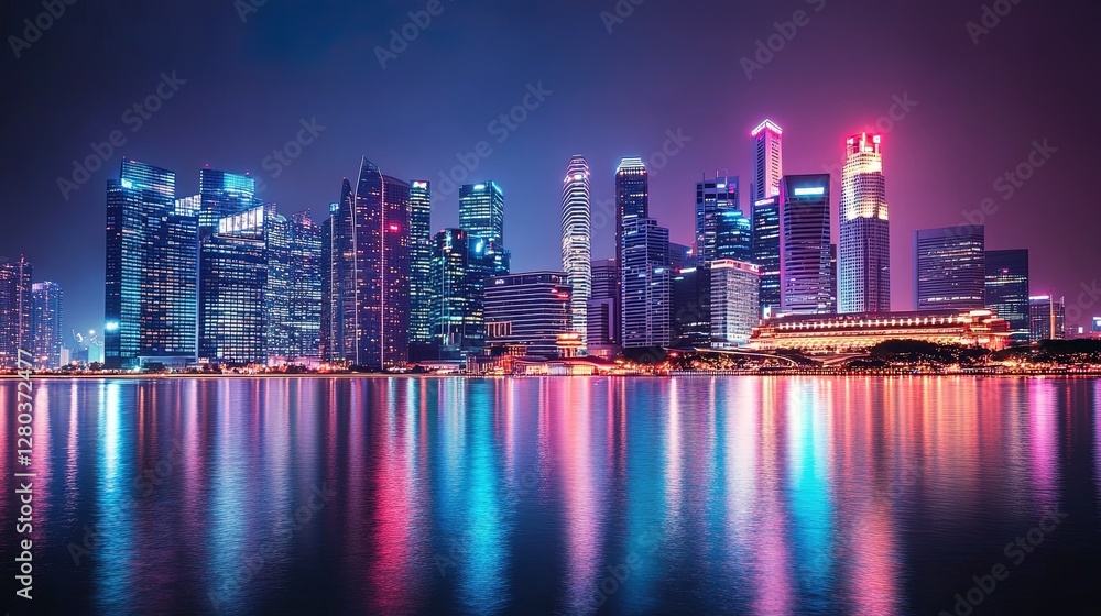 Fototapeta premium Nighttime skyline with towering skyscrapers, vibrant lights, metropolitan feel