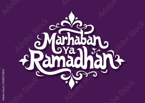 White calligraphy that says "marhaban ya ramadhan".