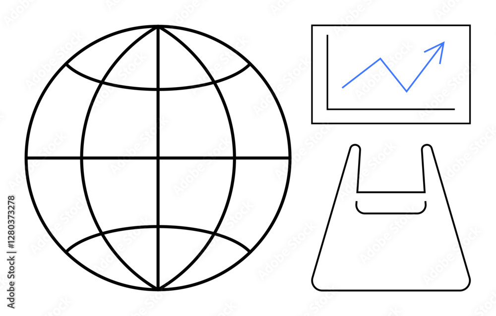Obraz premium Globe representing global perspective, graph with upward trend, plastic bag. Ideal for sustainability, global economy, market growth, environmental impact, economics, data analysis abstract line