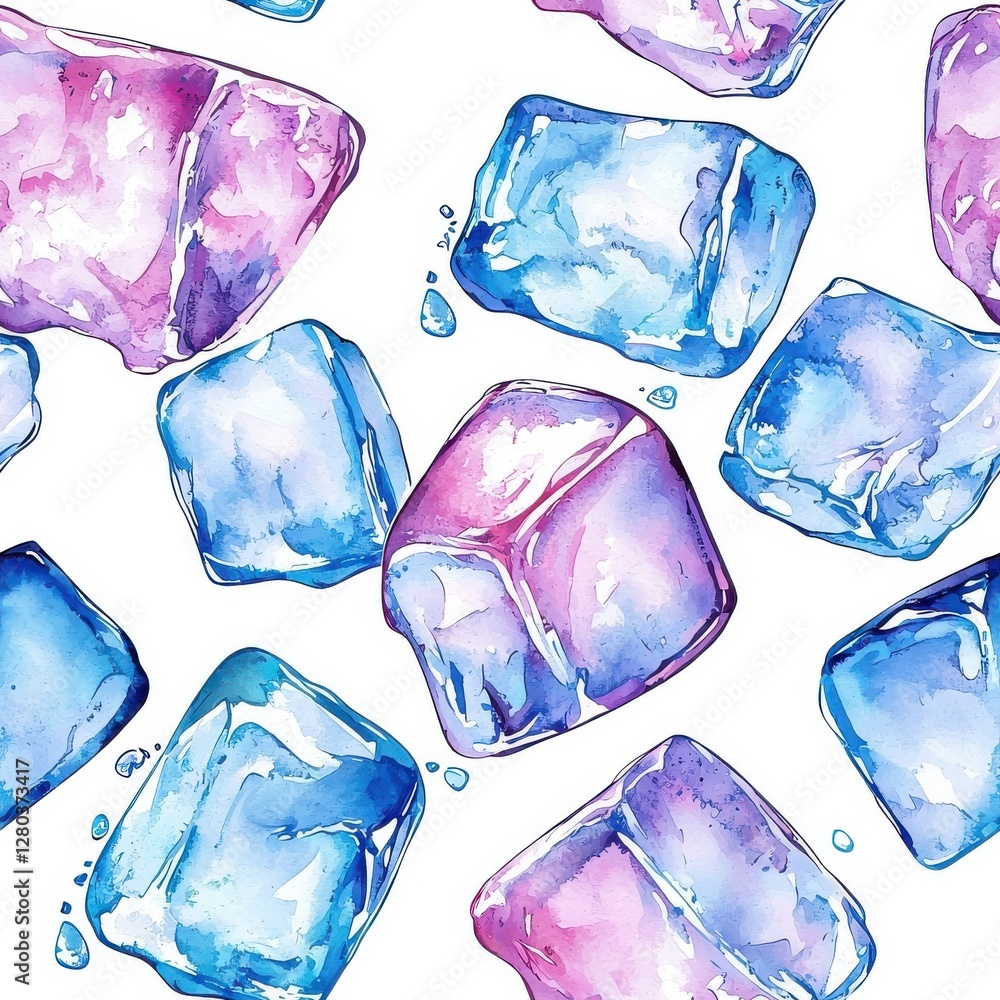 Obraz premium Watercolor seamless pattern of ice cubes, artistic and fluid, isolated on white background.