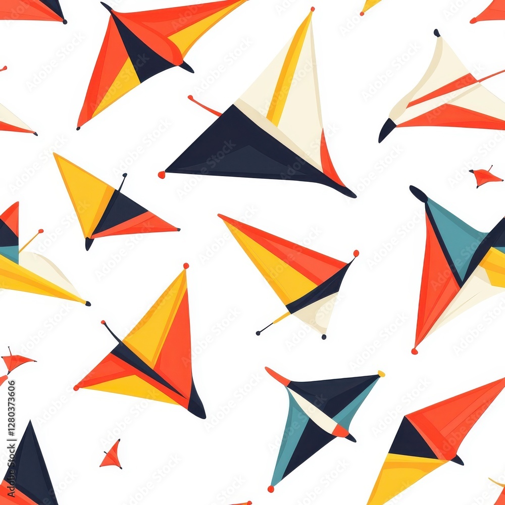 Flat style seamless pattern of kites, bold and bright, isolated on white background. Flat style seamless pattern of kites, bold and bright, isolated on white background.