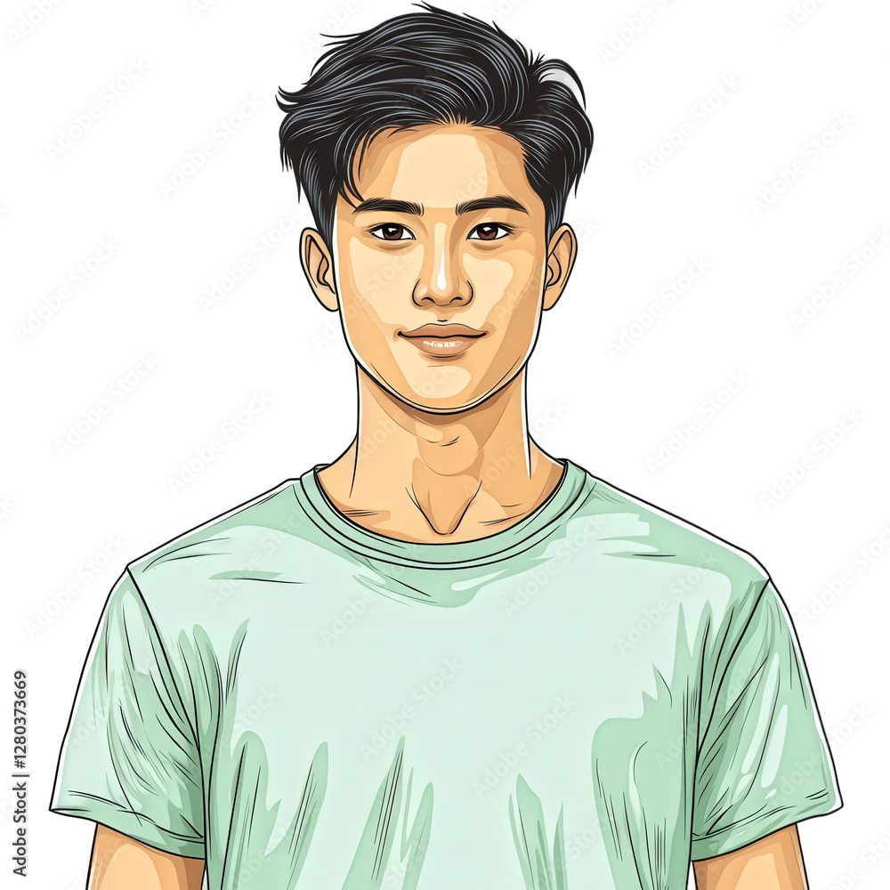 Fototapeta premium A high-quality vectorized portrait of a stylish young man in a soft green t-shirt, transparent background, PNG