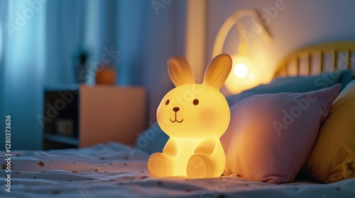 A childâ€™s bedroom with a cute night lamp shaped like an animal, providing a comforting light photo