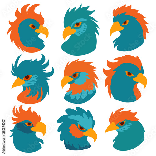 Vector collection of blue parrots silhouettes isolated from background. Set of fable macaws heads in fantasy style. Hand drawn birds