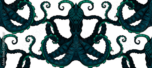 Vector seamless pattern with dark creepy octopuses on a white background. Texture with sea inhabitants with tentacles