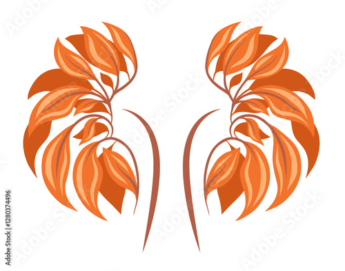 Vector illustration of illness human kidneys. Anatomical old organs made of autumn foliage. Unhealthy lifestyle.