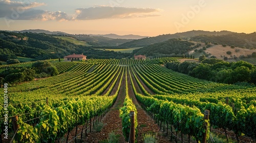 Wallpaper Mural Picturesque Vineyard Landscape Rolling Hills Lush Grapevines and Rustic Farmhouses at Sunset Torontodigital.ca