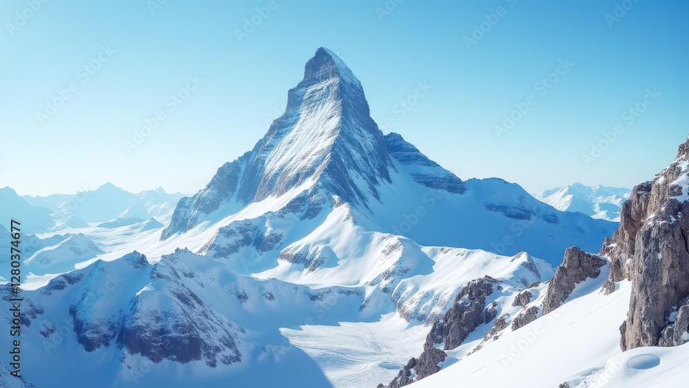 Fototapeta premium Snow-covered mountain peak with clear blue sky in the background.