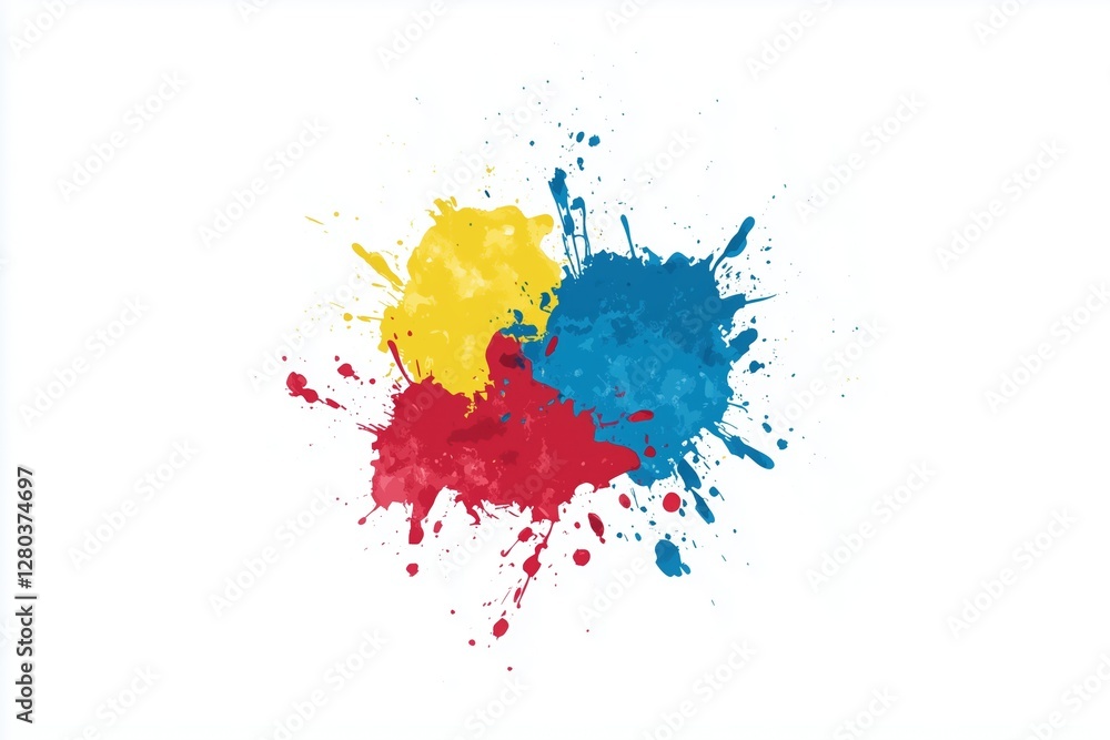 Bright splashes of red, blue, and yellow paint on a white background. Dynamic artistic explosion for modern creative projects. Bright splashes of red, blue, and yellow paint on a white background. Dynamic artistic explosion for modern creative projects.