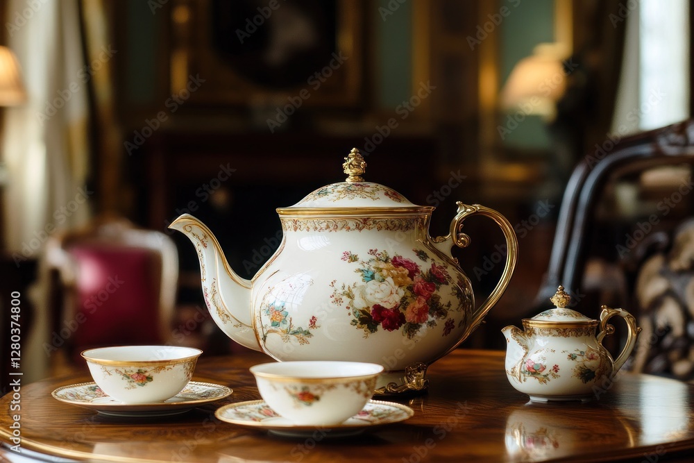 Ornate tea set on wooden table in grand room Ornate tea set on wooden table in grand room