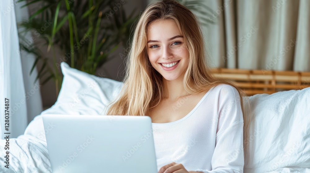 Smiling Woman Using Laptop in Cozy Bedroom