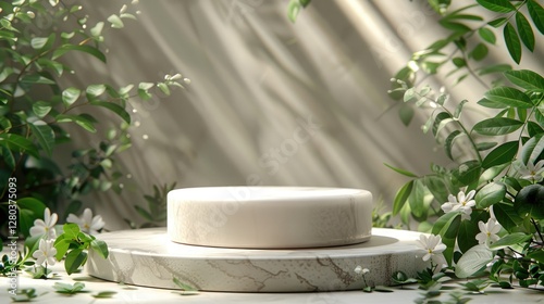 Elegant White Marble Product Display Platform with Lush Greenery and Soft Sunlight