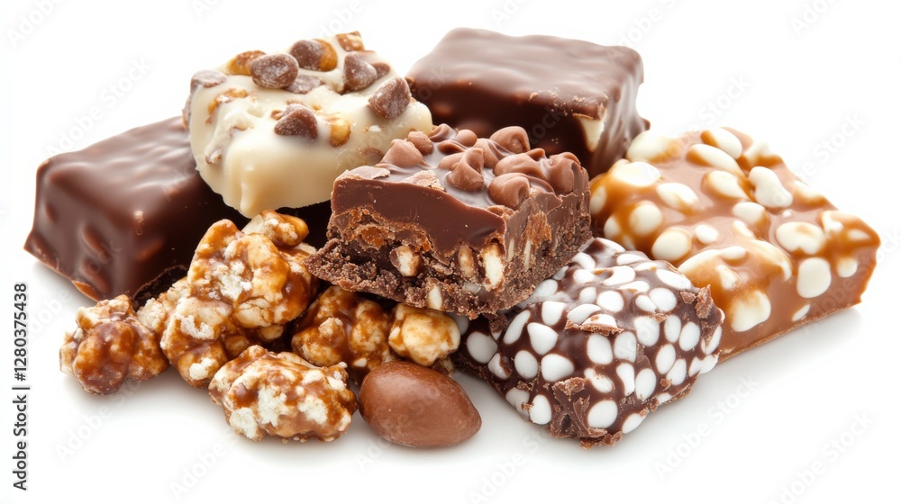 Assorted chocolate candies and snacks arranged on a white background, showcasing textures and colors Assorted chocolate candies and snacks arranged on a white background, showcasing textures and colors