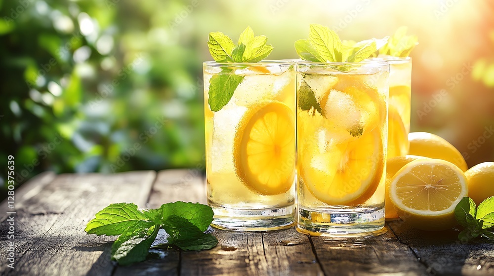 Fototapeta premium Refreshing Iced Tea with Lemon and Mint on a Sunny Day