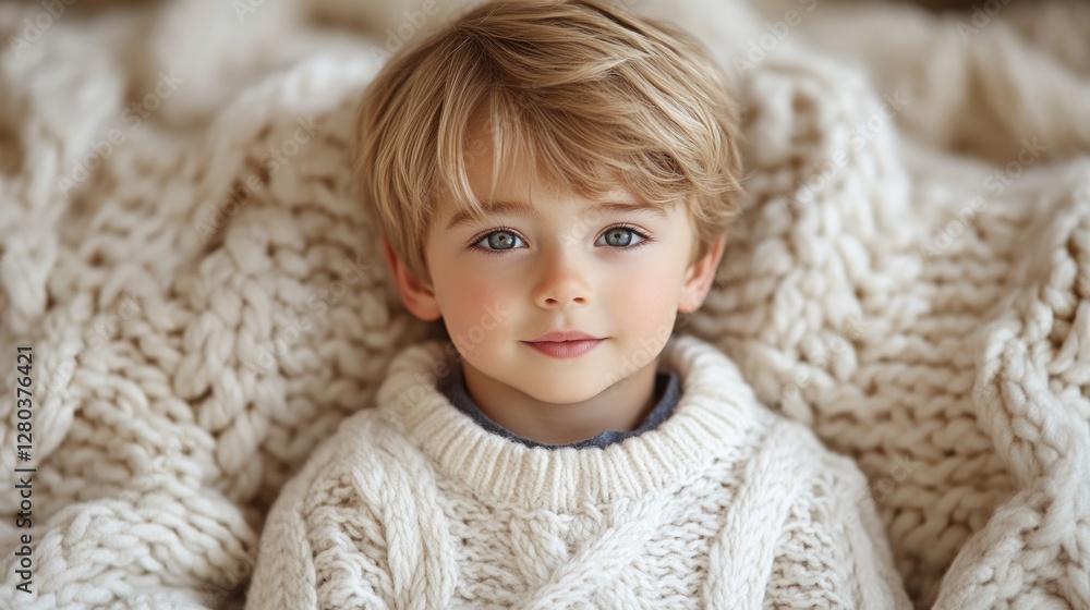 Adorable toddler boy with blonde hair and blue eyes, wearing a cream-colored sweater, lying on a chunky knit blanket. Adorable toddler boy with blonde hair and blue eyes, wearing a cream-colored sweater, lying on a chunky knit blanket.