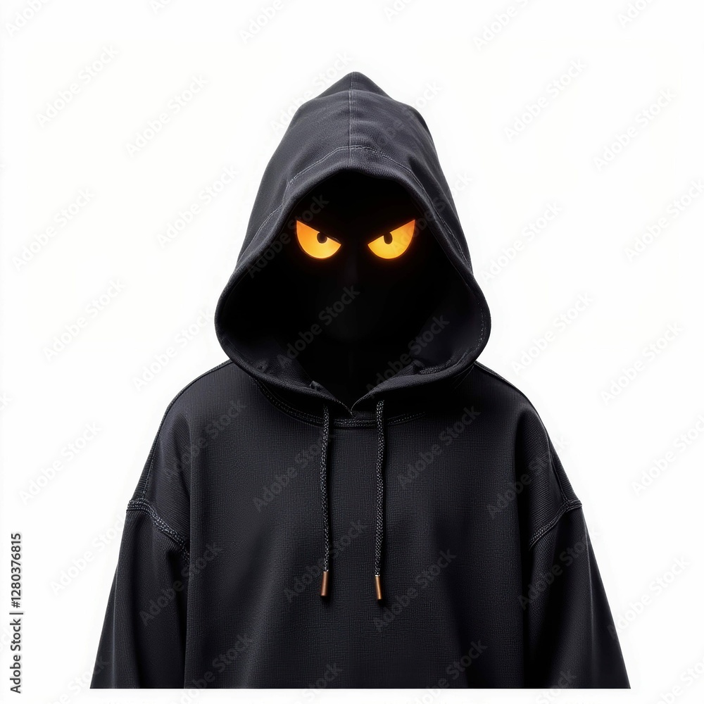 Hooded Figure with Glowing Eyes Mysterious Enigmatic Presence in Dark Attire on Plain Backdrop Hooded Figure with Glowing Eyes Mysterious Enigmatic Presence in Dark Attire on Plain Backdrop