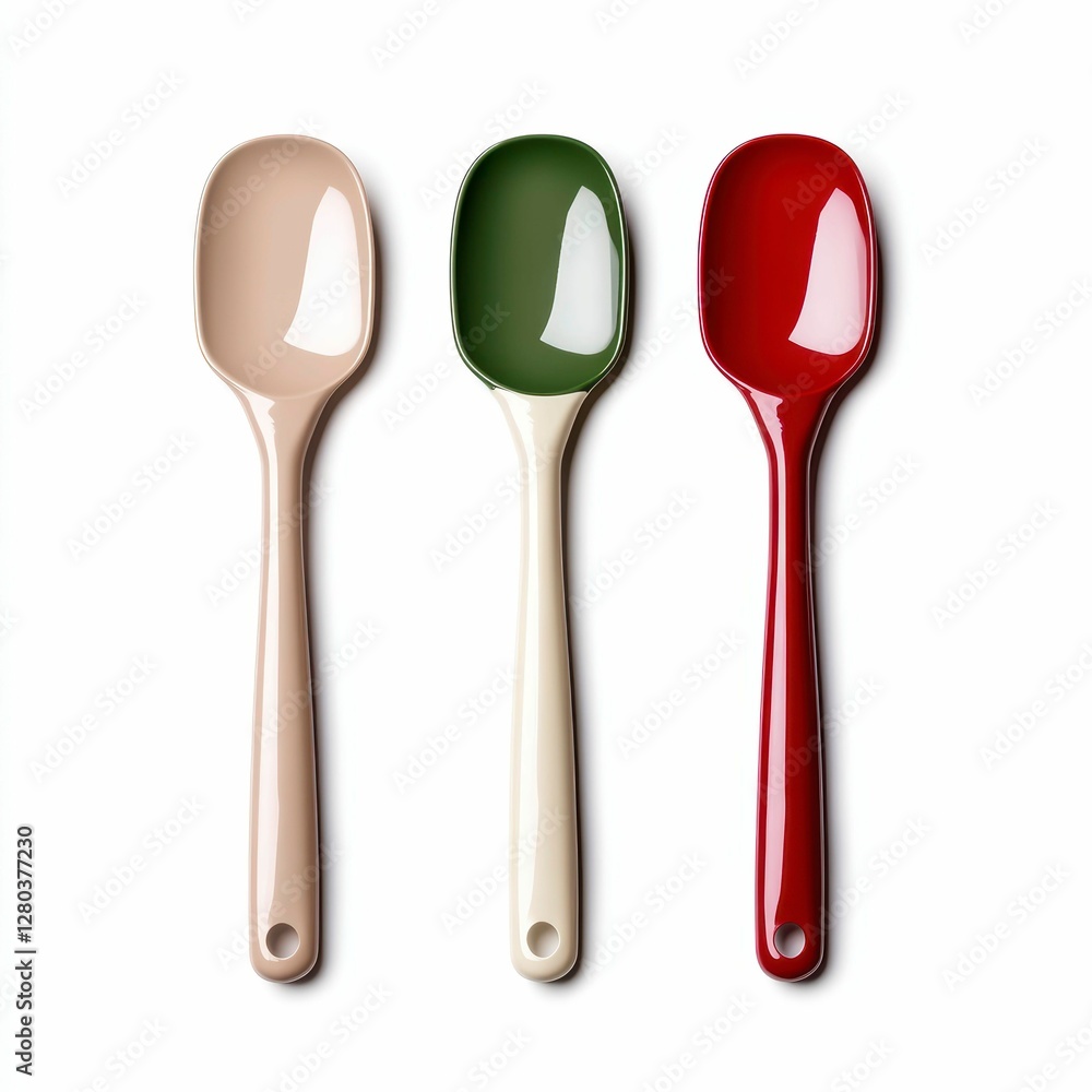 Trio of Colorful Kitchen Spoons Utensils in Beige Green and Red on White Surface Overhead Close Up View Trio of Colorful Kitchen Spoons Utensils in Beige Green and Red on White Surface Overhead Close Up View