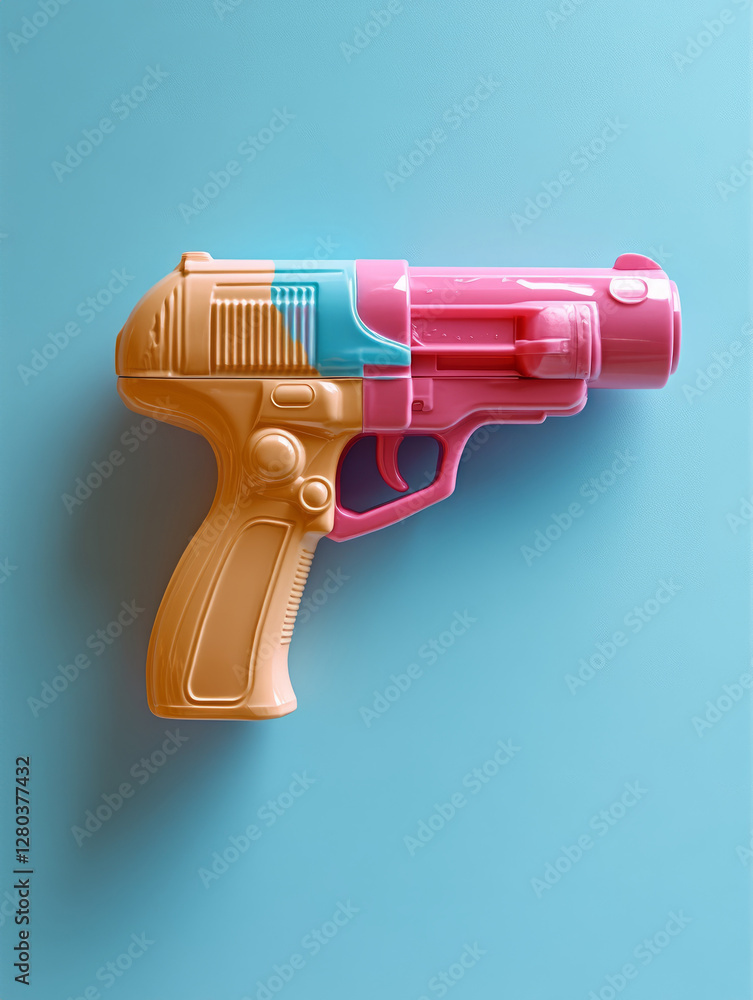 Colorful toy water gun on a light blue background. Colorful toy water gun on a light blue background.