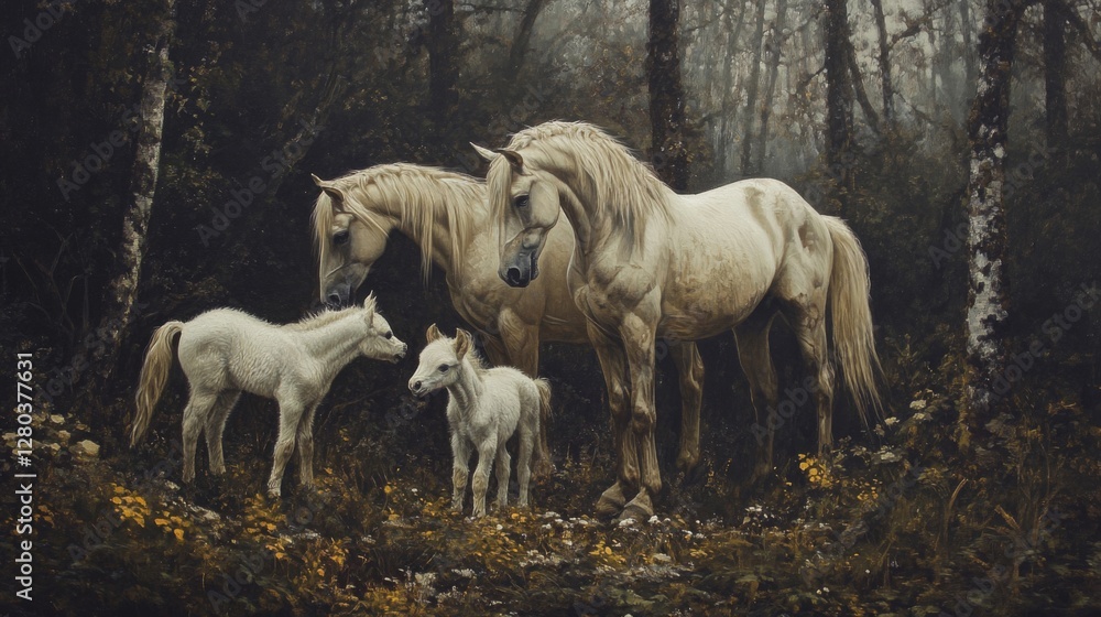 Obraz premium White Horses and Foals in a Misty Forest