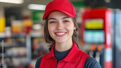 Smiling Young Woman in Red Uniform at a Gas Station