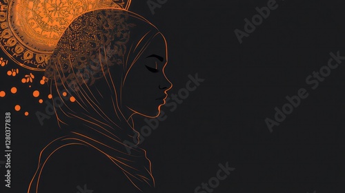 A stylized AI-generated illustration of a woman wearing a hijab, depicted in elegant gold line art against a dark background with a decorative mandala pattern