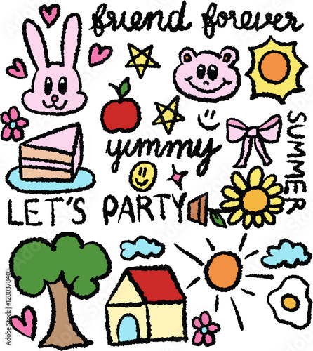 Hand drawn crayon illustrations of bunny, bear, sun, ribbon, sunflower, tree, cake, apple, home, cloud, fried egg, star, heart for animal cartoon, character, zoo, spring and summer, picnic, cute patch