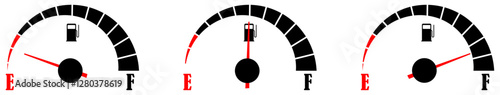 Fuel gauge vector illustration showing empty half and full tank levels with red needle indicators for automotive dashboard design. Empty fuel meter needle icons. Gas level indicator for car display. 