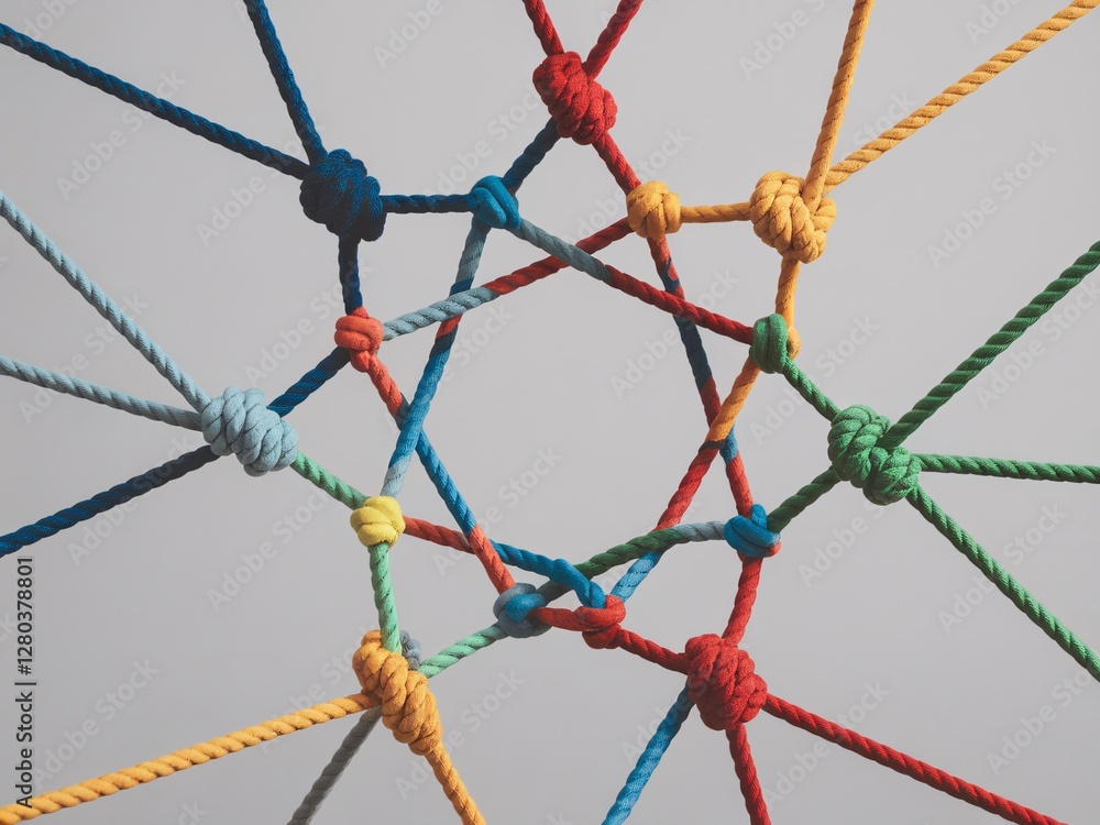 Colorful ropes intertwined in a complex pattern against a gray background. Colorful ropes intertwined in a complex pattern against a gray background.