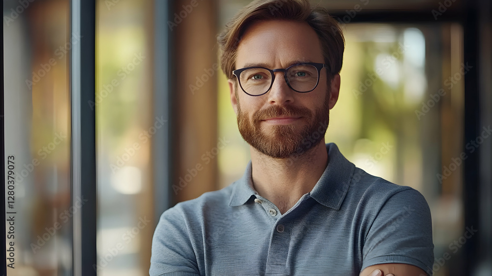 Fototapeta premium Confident Man Portrait, Smiling, Arms Crossed, Expressing Positivity and Success in a Casual Setting.
