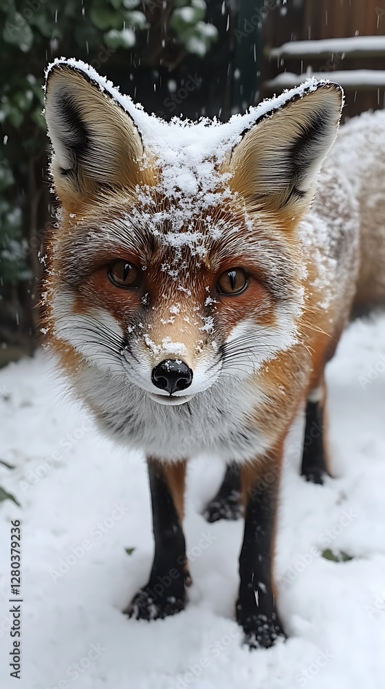 Obraz premium Snowy Fox in Garden, Winter Portrait