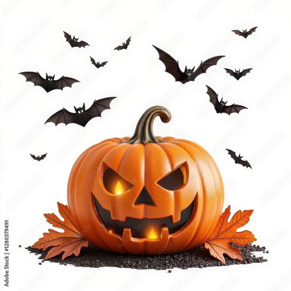 Halloween Pumpkin with Bats Against White Background Festive Seasonal Decoration for Autumn Holiday Halloween Pumpkin with Bats Against White Background Festive Seasonal Decoration for Autumn Holiday