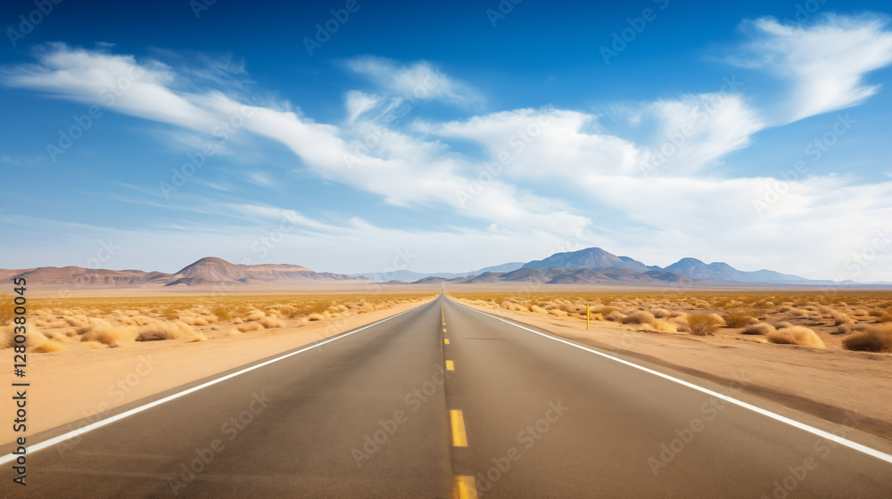 Straight desert road flanked by mountains, clear blue sky, smooth asphalt, and dry grass, with a sense of freedom and journey. Straight desert road flanked by mountains, clear blue sky, smooth asphalt, and dry grass, with a sense of freedom and journey.