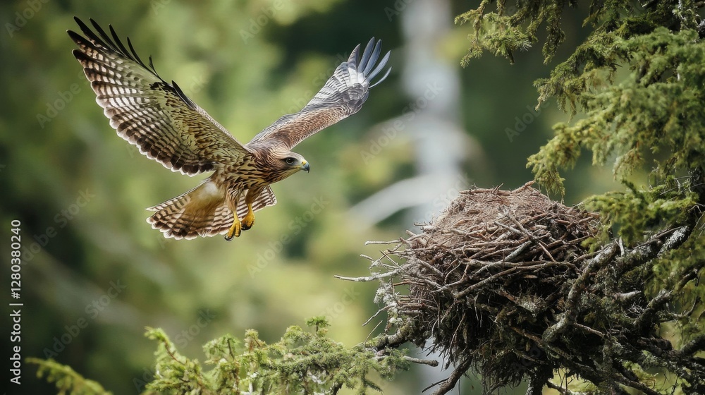 Obraz premium Brown Hawk Flying Near Nest in Lush Green Forest