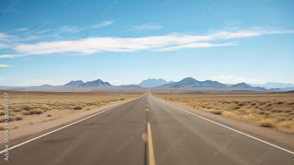 Straight desert road flanked by mountains, clear blue sky, smooth asphalt, and dry grass, with a sense of freedom and journey. Straight desert road flanked by mountains, clear blue sky, smooth asphalt, and dry grass, with a sense of freedom and journey.