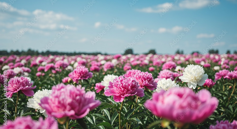 Obraz premium Vibrant Field of Pink and White Peonies Blooming Under a Clear Blue Sky.