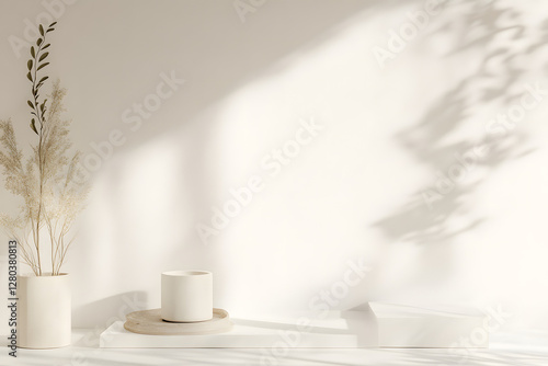 Minimalist Studio Scene with Dried Flowers and White Display