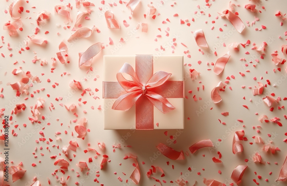 Elegant Wrapped Gift Box Surrounded by Soft Pink and Red Confetti on Light Background Ideal for Celebrations and Special Occasions Elegant Wrapped Gift Box Surrounded by Soft Pink and Red Confetti on Light Background Ideal for Celebrations and Special Occasions