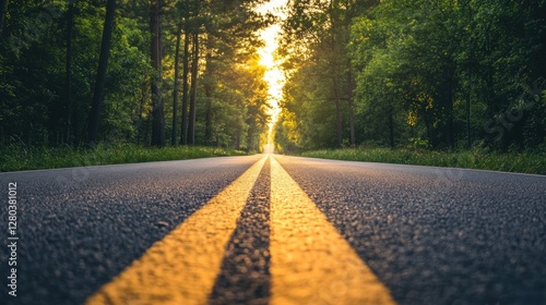 Fototapeta Naklejka Na Ścianę i Meble -  Golden sunrise over serene forest road nature photography tranquil environment ground view vibrant landscape