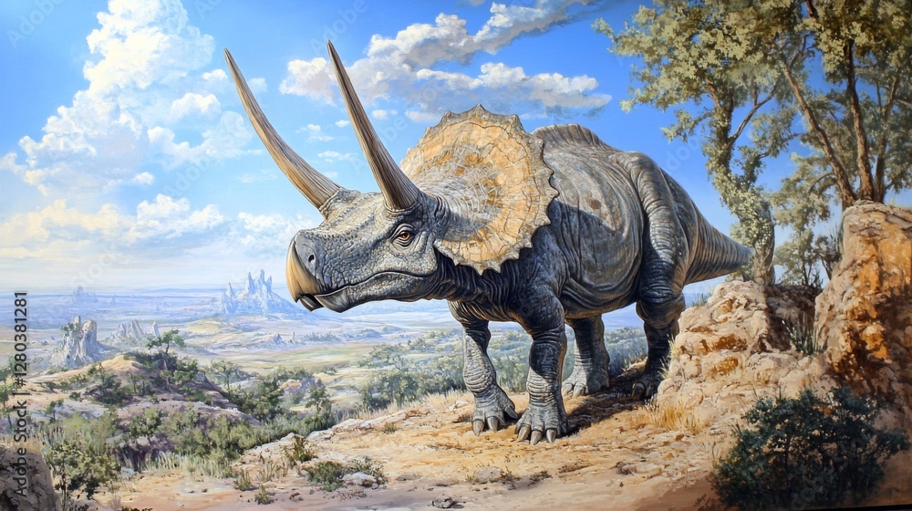 Obraz premium Triceratops Dinosaur in Prehistoric Landscape Painting