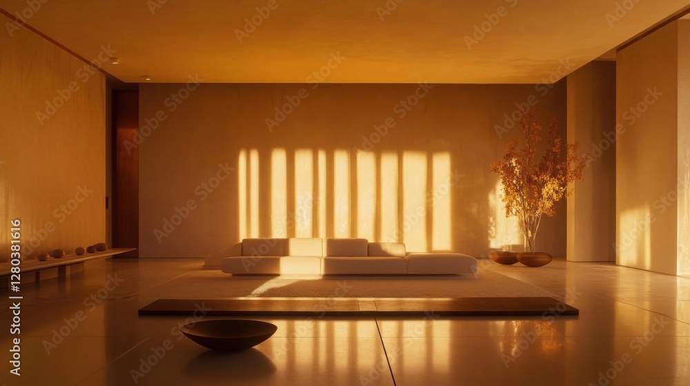 Fototapeta premium A beautifully designed minimalist living room with soft lighting and wooden