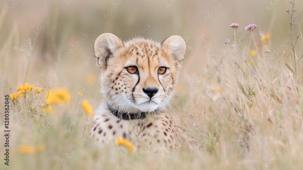 Obraz premium Cheetah cub wearing a tracking collar rests in a grassy field with wildflowers during the day.